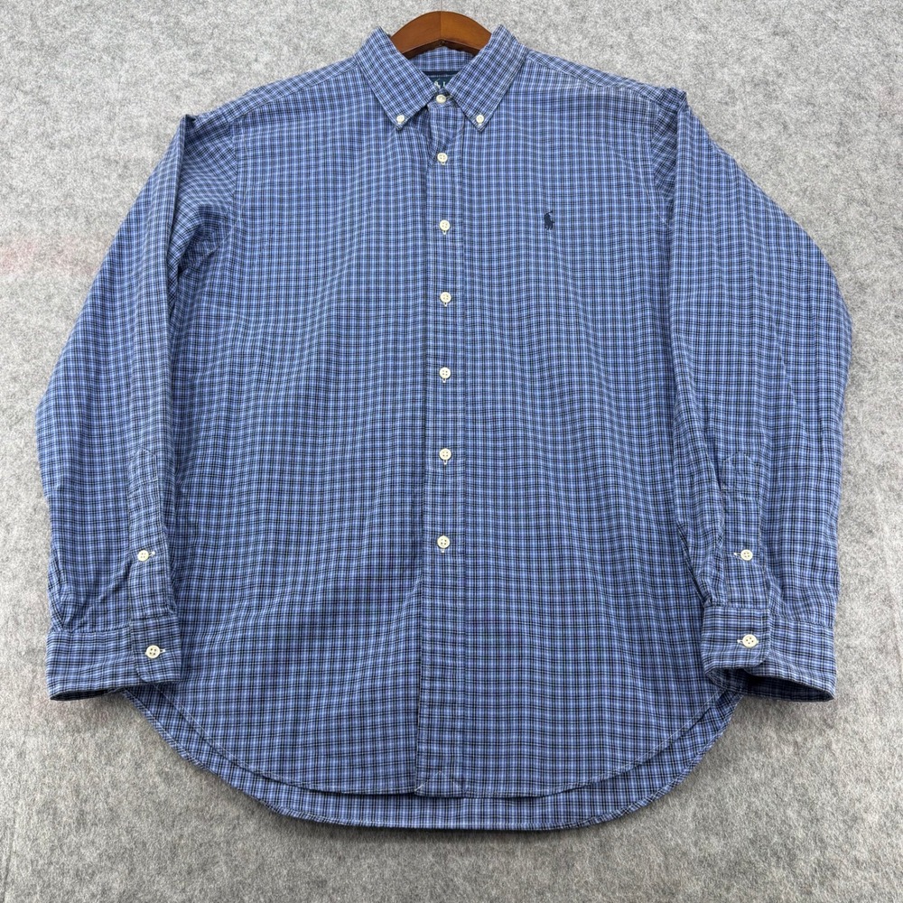Polo Ralph Lauren Mens Large Blue Black Plaid Cotton Button Down Classic Fit